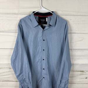 Silver Stone Collection Modern Fit Blue Geometric Pattern Long Sleeve Button